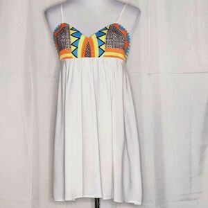 Karlie Boho White Orange Blue Embroidered Bodice Flowy Spaghetti Strap Dress